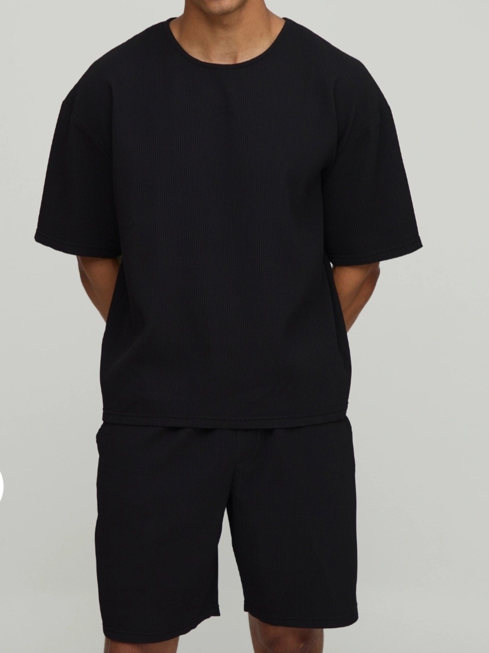 BoohooMan 4XL Men's Black Short-Sleeve Crewneck Shirt Ribbed Textured
